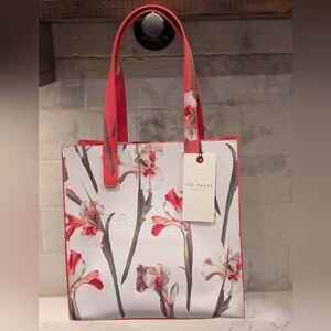 Ted Baker White Floral Print Tote with Coral Trim